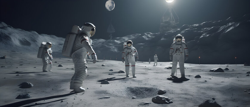 Astronauten auf einer Mondbasis bei Nacht unter einem hellen Mondlicht - Ai-Ki generiert