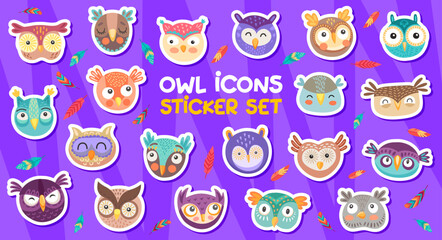 Cartoon owl bird characters stickers pack of funny cute faces, vector set for kids. Cartoon owl bird stickers of different faces with feathers and emotion expressions for kids kindergarten or book