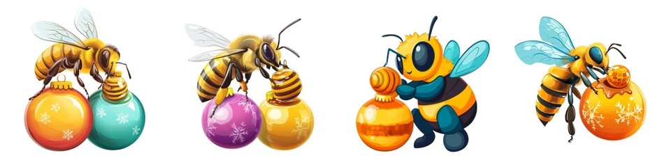 Fototapeta premium Colorful bees carrying vibrant balls, perfect for whimsical and playful themes in illustrations and designs.