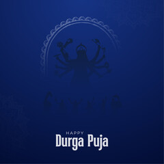 Happy Durga Puja Greeting with Happy  Durga Puja Poster Elegant Goddess Silhouette on Blue Background 
