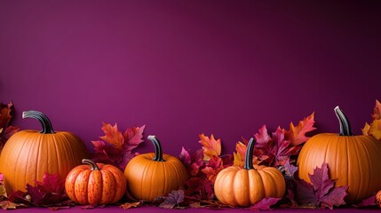 A festive autumn display with pumpkins and leaves, set against a rich purple background, perfect for fall celebrations, copy space