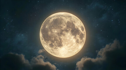 Naklejka premium Full Moon in the Night Sky with Stars and Clouds - Realistic Image