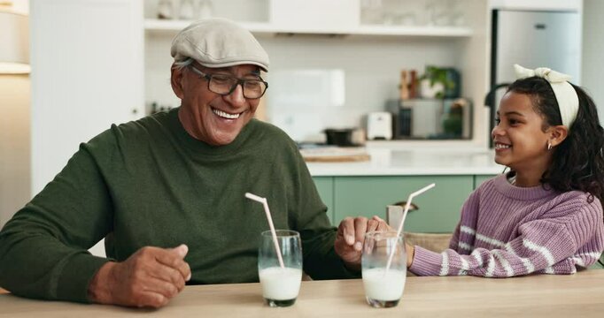 Girl, grandfather and happy with high five in kitchen with milk, care or bonding for connection in home. Senior man, child and drink for dairy, nutrition or diet for cheers with love in family house