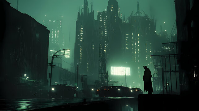 Somber dystopian gotham city at night. City at Night. Illustration