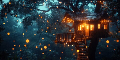 Obraz premium Whimsical treehouse in heavy rain with glowing lights, magical forest scene