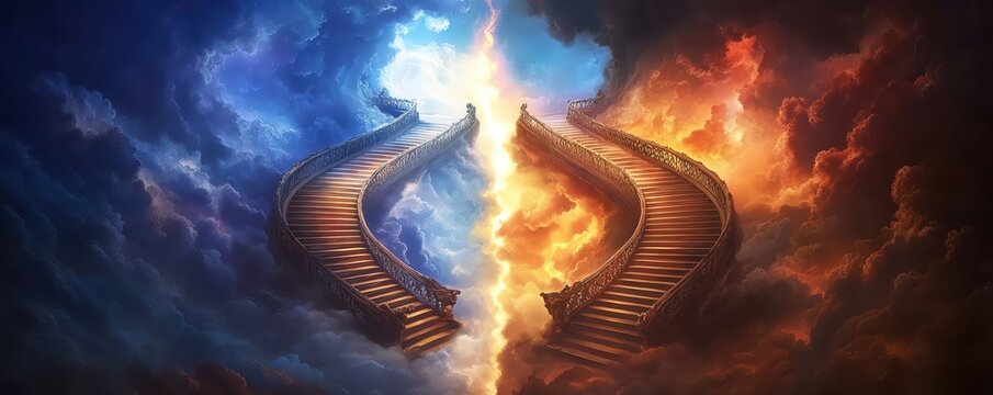 A surreal staircase dividing into two paths, one leading to the light of heaven, the other to the darkness of hell, copy space