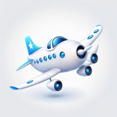 Naklejka premium A cartoon-style airplane with a blue and white design, ideal for children's graphics and illustrations.