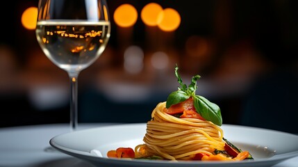 A top view of linguine elegantly wrapped and topped with vegetables and herbs, with a glass of white wine in the background, creating a sophisticated dining atmosphere. 