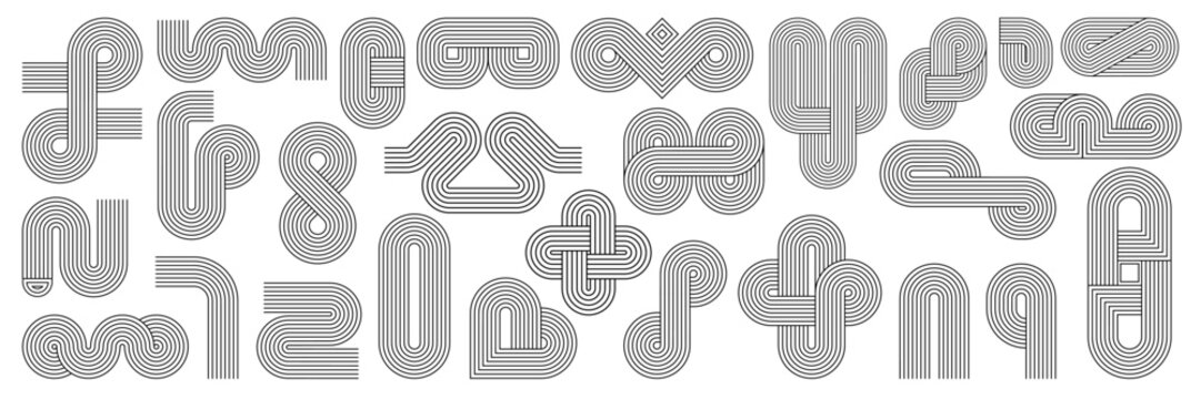 Geometric Zen arch line figures and stroke pattern shapes, vector abstract symbols. Minimal outline and linear Zen arch shapes of wave, curve zigzag and knit elements of Japanese Zen garden style