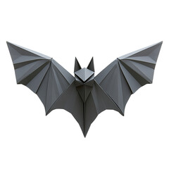A striking origami bat design with folded wings, showcasing intricate geometric patterns and a sleek black surface.