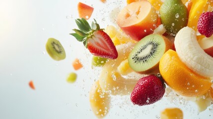 A vibrant mix of fresh fruits in mid-air, showcasing their natural colors and textures.