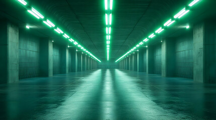 Fototapeta premium 3D Green Neon Hallway - Futuristic Architectural Design