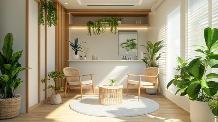 Naklejka premium A holistic health consultation, where a patient receives personalized advice on diet, lifestyle, and wellness, with natural elements like plants and calming decor in the consultation space