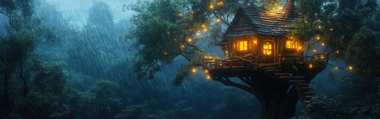 Obraz premium Whimsical treehouse in heavy rain with glowing lights, magical forest scene