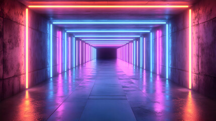 Neon Lights in a Concrete Tunnel 3D Illustration