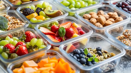 A colorful and delicious spread of healthy snacks in clear containers.  The image is perfect for a healthy lifestyle or food blog.