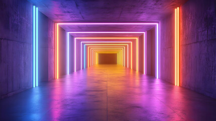 Neon Lights in a Concrete Tunnel 3D Illustration