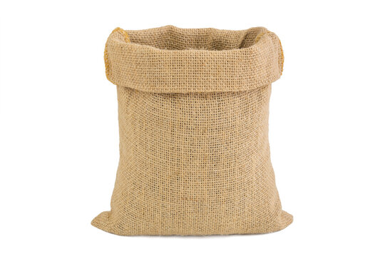 Empty burlap sack isolated on white background
