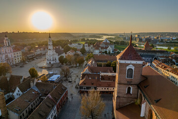 Aerial summer evening view of Kaunas old town, Lithuania