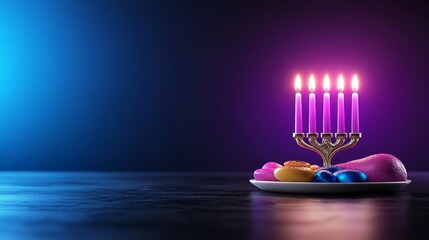 Fototapeta premium Hanukkah Menorah with Candles Sufganiyot and Blue and Gold Dreidels