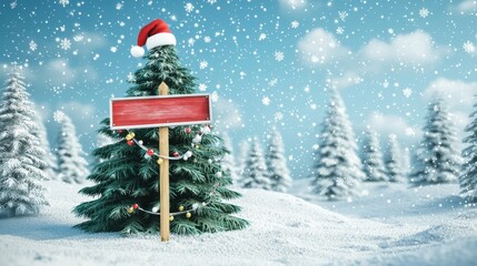 Snowy Signpost and Christmas Tree Outdoors