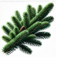 Close-Up of Evergreen Pine Branch with Needles, Isolated on White Background, Perfect for Christmas Decorations, Winter Holiday Designs, Natural Forest Elements