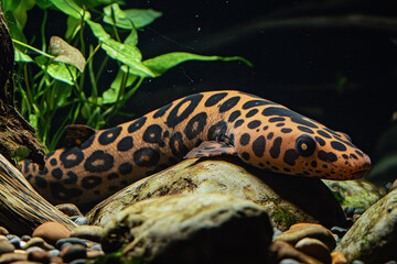 Obraz premium A striking eel with bold spot patterns rests on a rock in a brightly lit home aquarium, depicting the tranquility of aquatic life, surrounded by lush greenery and stones.