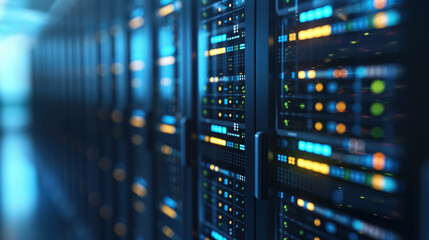 Naklejka premium Rows of illuminated server racks in a data center, displaying various colored lights and digital equipment. The scene emphasizes technology, connectivity, and infrastructure.