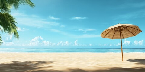 A lone beach umbrella stands on a pristine white sand beach under a bright blue sky. The idyllic tropical scene is perfect for a relaxing vacation.