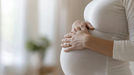 A focused close-up shot of a hand from an unknown obstetrician on a pregnant woman's belly during a home visit, emphasizing the professional relationship. photo