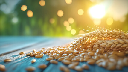 Golden Wheat Grains on Wooden Table with Sunlight and Bokeh Background in Countryside Setting