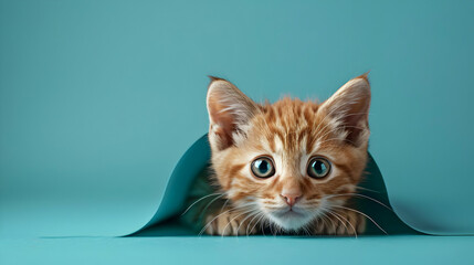 Cute Kitten Peeking from Behind Blue Paper, Copy Space