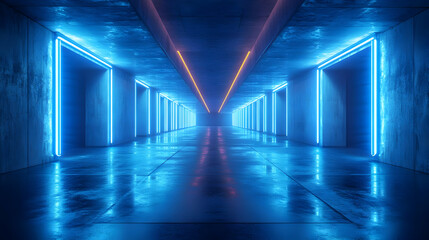 Fototapeta premium 3D Neon Lights Corridor - Blue and Yellow Glow in Grungy Concrete Hallway