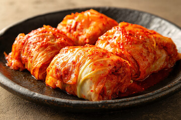 Four perfectly spiced cabbage rolls, each nestling in a thick and rich red sauce, served on a dark, ceramic plate, emphasizing their mouthwatering and aromatic essence.