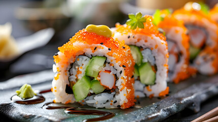 Close-up of Delicious Sushi Rolls with Wasabi and Soy Sauce