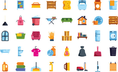 Set of icons representing cleaning services, featuring furniture, appliances, and cleaning supplies