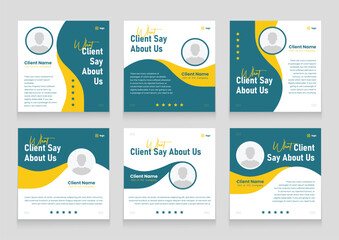 Client feedback social media post bundle carousel template design. Clean and modern client testimonial banner set template. Customer review or rating template