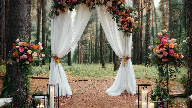 Beautiful forest wedding ceremony featuring an arch adorned with flowers, white chairs, and rose petals scattered on the ground, surrounded by tall trees and natural tranquility