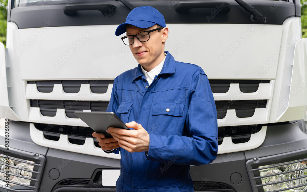 Aufkleber fleet manager with digital tablet on a background of truck.