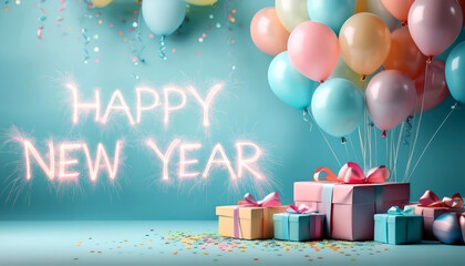 Colorful birthday gifts and balloons lay on a pastel background. Happy new year Celebration themed background