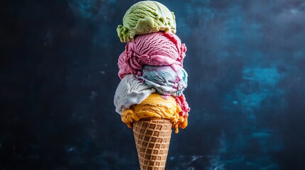 A close-up of a delicious ice cream cone with four different flavors, melting on a dark blue background.