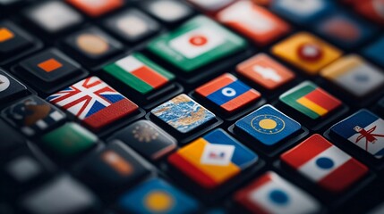Global E-commerce Marketplace: Flags of International Sellers and Product Listings Close-Up