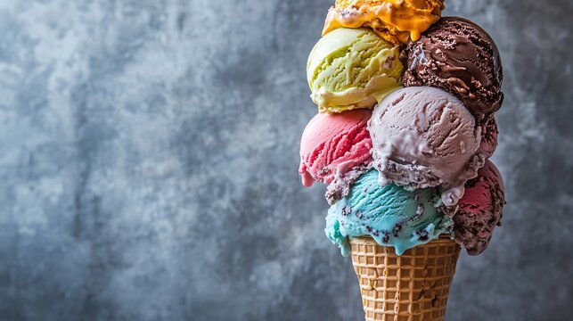 A close-up of a delicious ice cream cone with a variety of flavors, including chocolate, strawberry, vanilla, and pistachio.