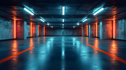 Neon Lights Reflecting on Wet Concrete Floor 3D Illustration