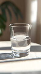 Glass of water on table with natural light shining through, simple minimalist photography