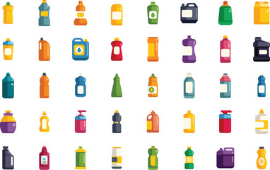 Collection of colorful cleaning product bottles, showcasing various shapes and sizes, typically found in homes for maintaining cleanliness