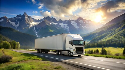 Obraz premium White cargo truck with on highway road with beautiful nature mountains and sky