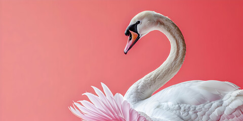 Naklejka premium White Swan with Pink Feathers Against a Red Background, Creating Elegant Copy Space
