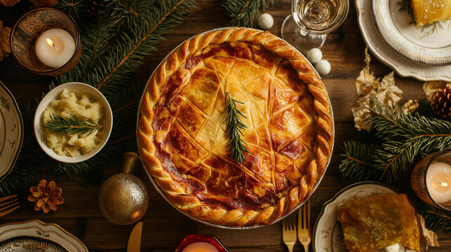 Tatar balish (meat and potato pie) with a golden crust, Festive table setting with traditional decor, Detailed textures of the pie and filling, Celebratory Tatar meal