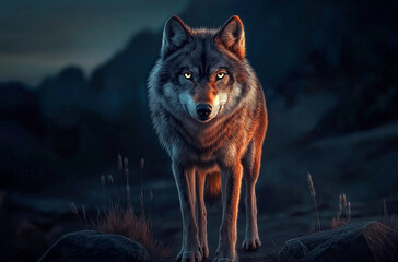 A fox standing in a dark night location.